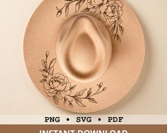 Peony Hat Burning Template, Floral Hat SVG, Wide Brim Hat Design, Botanical Pyrography Stencil, Laser Engrave Hat File