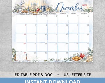 Editable December 2026 Calendar, Hanukkah Family Planner, Watercolor Menorah, US Letter