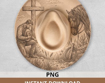 Praying Cowboy Hat Burning Design PNG, Western Faith Pattern with Cross and Horse