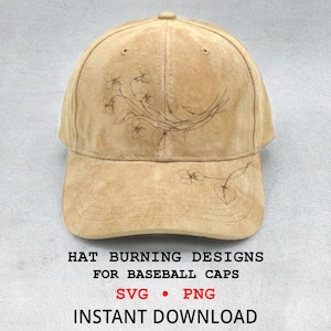 May include: A tan baseball cap with a floral design. The cap features a curved brim and a rounded crown. The floral design is etched onto the front of the cap. Text on the image reads "HAT BURNING DESIGNS FOR BASEBALL CAPS SVG • PNG INSTANT DOWNLOAD."