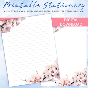Papelería imprimible con flores de cerezo, tamaño A4 y carta de EE. UU., incluye plantilla de sobre, juego de escritura completo de primavera