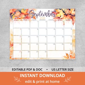 May include: A September 2026 calendar page featuring a watercolour autumn leaf border in shades of orange, yellow, and red. The grid includes days of the week and dates. Text at the bottom reads: EDITABLE PDF & DOC • US LETTER SIZE INSTANT DOWNLOAD.