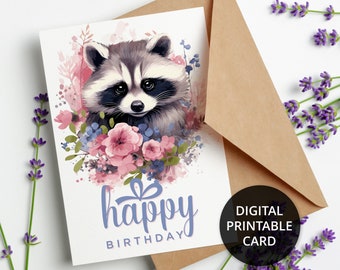 Printable birthday card with cute raccoon with flowers, Digital Birthday Card from penguin, 5x7 Greeting Card, Digital card