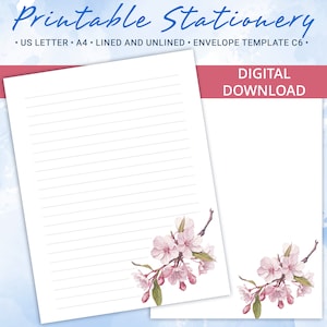 Papelería imprimible con flores de cerezo, tamaño A4 y carta de EE. UU., incluye plantilla de sobre, juego de escritura completo de primavera