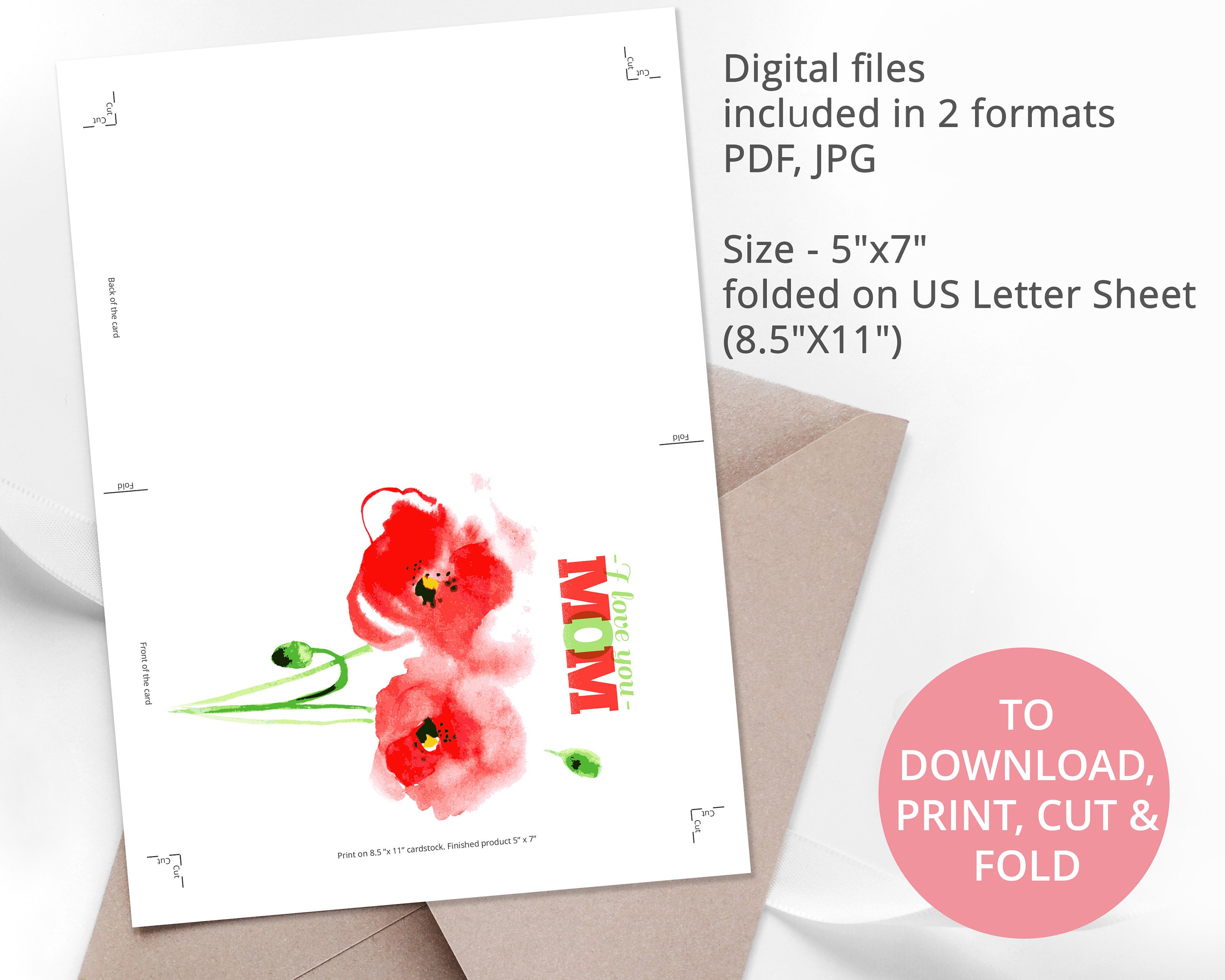 Mother's Day Card Printable With Beautiful Watercolor Red Poppy ...