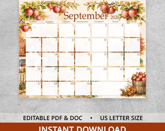 September 2026 Calendar, Editable Digital Planner, Fall Monthly Printable PDF, Autumn Letter Schedule