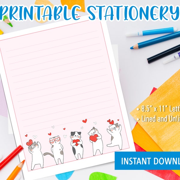 Papeterie Kawaii imprimable pour les enfants, écriture de lettre imprimable avec des chats mignons et des petits coeurs pour la Saint Valentin