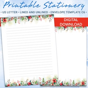 Può includere: Stazioneria stampabile con un design floreale invernale con bacche rosse e foglie verdi. Il design è su un foglio di carta rigato e non rigato. Il testo "Printable Stationery" e "US Letter - Lined and Unlined - Envelope Template C6 - DIGITAL DOWNLOAD" è incluso nell'immagine.