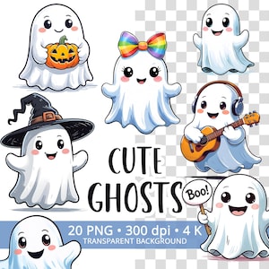 Op de afbeelding: Een verzameling cartoongeesten in verschillende poses. Eén geest houdt een pompoen vast, een ander draagt een regenboogstrik en een ander speelt gitaar. De tekst "CUTE GHOSTS" wordt weergegeven, samen met andere details.