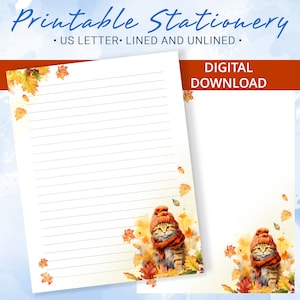 Herbstliches Briefpapier, Briefpapier mit Katze im Herbst zum Ausdrucken, Vorlage für Goodnotes, Briefpapier zum Ausdrucken