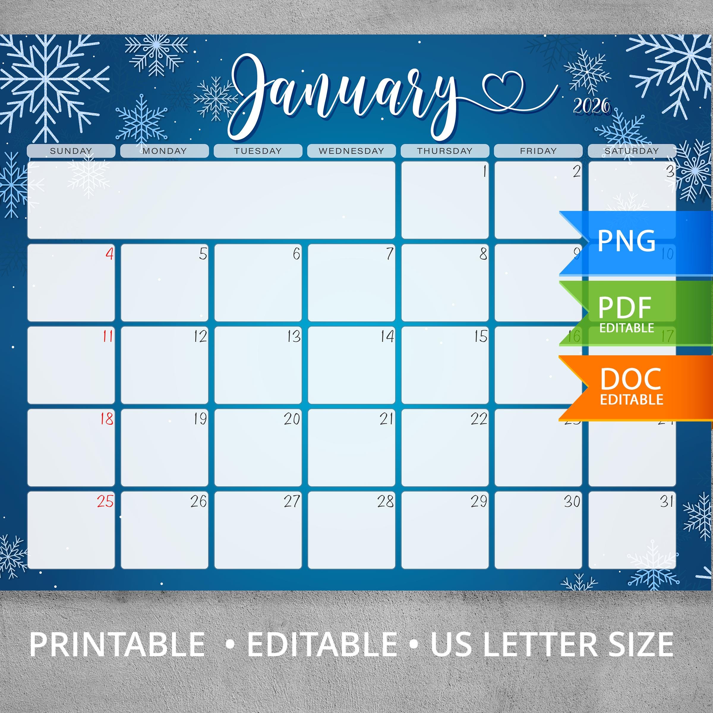Editable January 2026 Calendar, Winter Snowflake Planner Printable, PDF ...