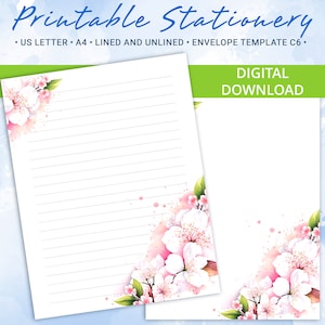 Papelería imprimible con flores y ramas de cerezo, tamaño A4 y carta de EE. UU., incluye plantilla de sobre, juego de escritura completo de primavera
