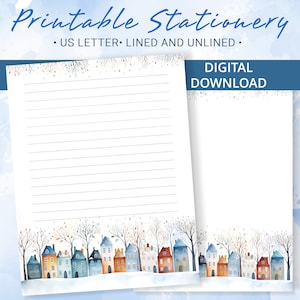 Papelaria para impressão de inverno, papel de carta para impressão com casas e árvores escandinavas, modelo Goodnotes, papel de carta para impressão