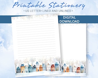 Winter Printable Stationery, Printable Writing Paper with scandinavian houses and trees, Goodnotes template, Printable Writing Paper