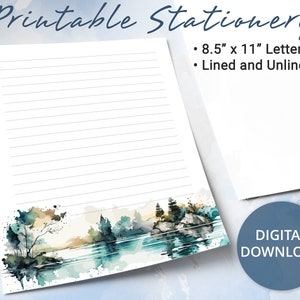 Papel rayado imprimible con paisaje de montaña, papel para escribir imprimible, plantilla de Goodnotes