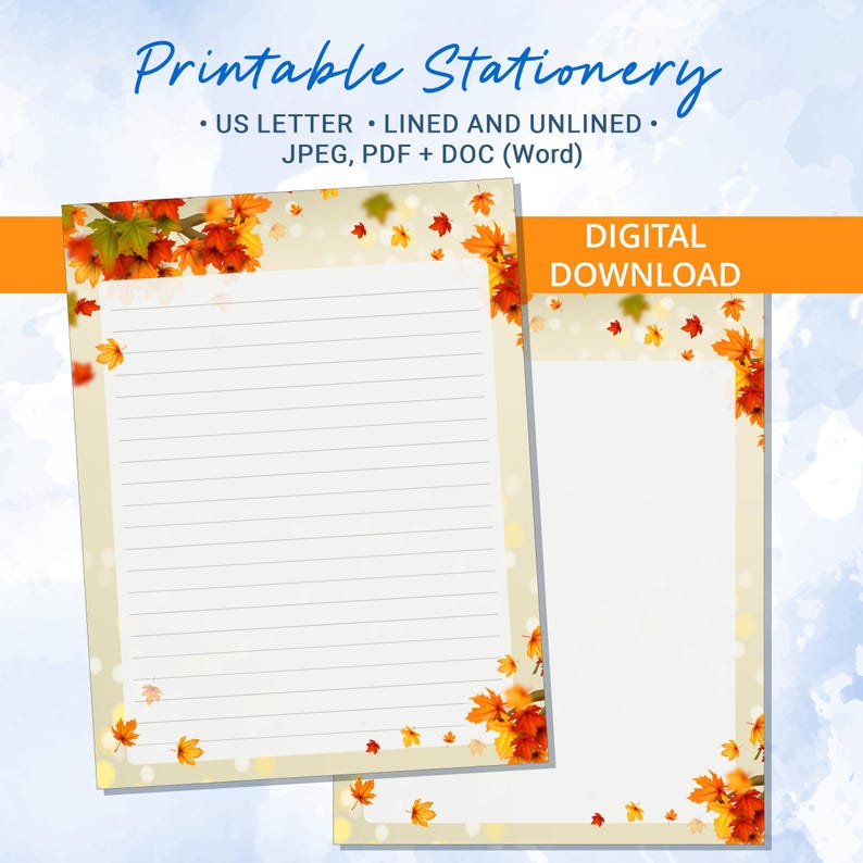 Autumn Printable Stationery: Fall Leaves Writing Paper Set, Lined ...