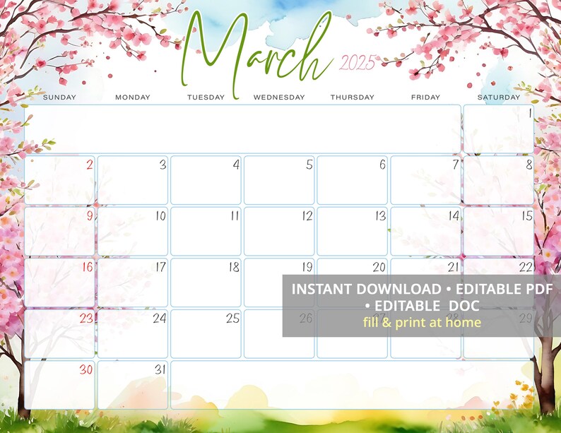 March 2025 Calendar, Editable March Calendar With Spring Background March Calendar 2025 Etsy