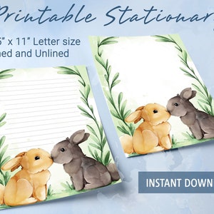 Papel rayado imprimible, papel para escribir imprimible con conejitos de acuarela, plantilla de Goodnotes