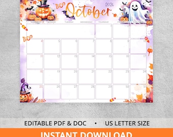 Editable October 2026 Halloween calendar template for family spooky season activity planning