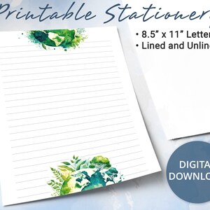 Papel rayado ecológico imprimible, papel de carta imprimible con un planeta verde con árboles y plantas, plantilla de Goodnotes