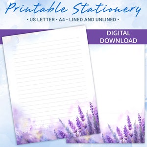 Papel rayado de papelería imprimible, papel para escribir cartas con flores de lavanda, tamaño A4 y carta estadounidense, plantilla Goodnotes, licencia comercial