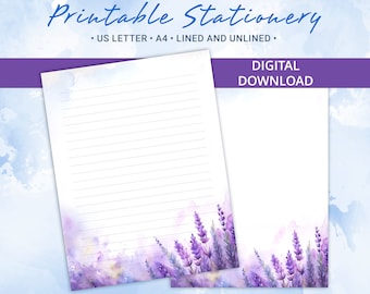 Printable Stationery lined paper, Letter writing Paper with lavender blossoms, A4 & US Letter Size, Goodnotes template, Commercial license