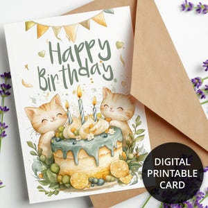 Cartão de aniversário para impressão, Cartão de aniversário engraçado com gatinhos fofos e bolo, Cartão de aniversário digital de gatos, Cartão de felicitações kawaii