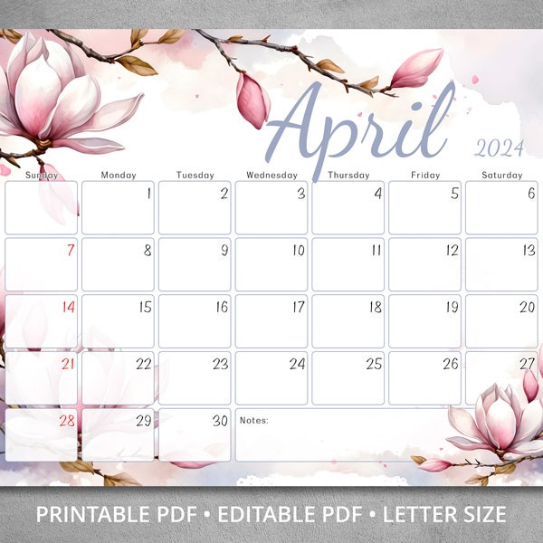 Editable April 2024 Calendar, Floral Printable Fillable Planner with magnolia blossoms, Spring wall calendar, Fillable Classroom Calendar