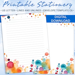 Papel de carta imprimible con manchas de acuarela, papel para escribir imprimible, plantilla Goodnotes, incluye plantilla de sobre