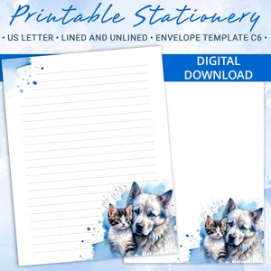 Papel rayado imprimible, papel para escribir imprimible con gatito y perro, papel para escribir cartas, incluye plantilla de sobre