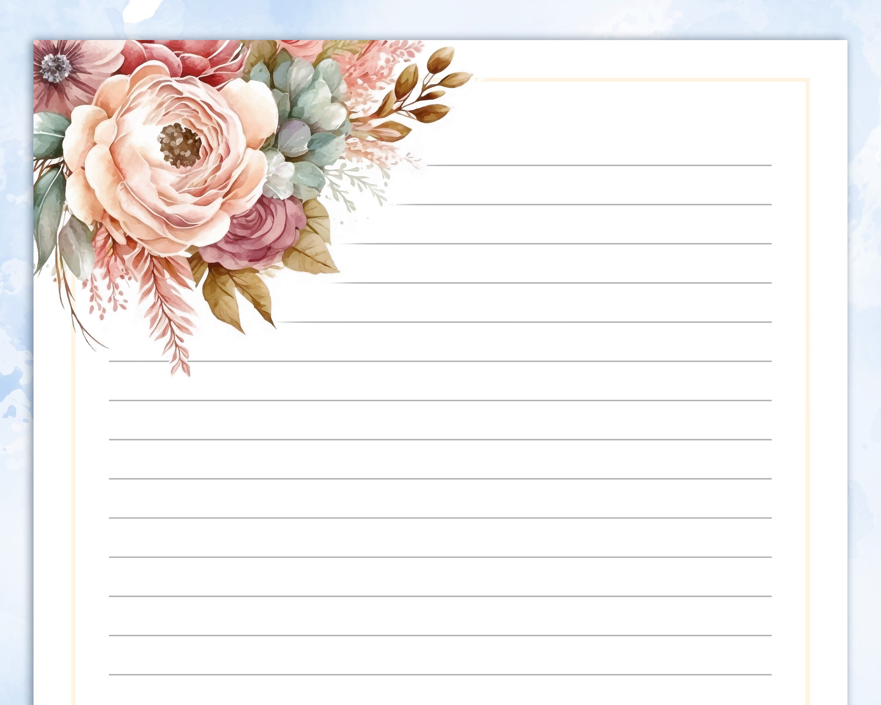 Floral Printable Stationery Lined Paper, Printable Writing Paper With ...
