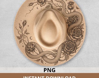 Serpent and Roses Hat Burning Design PNG, Gothic Romance Pattern for Wide Brim Hats