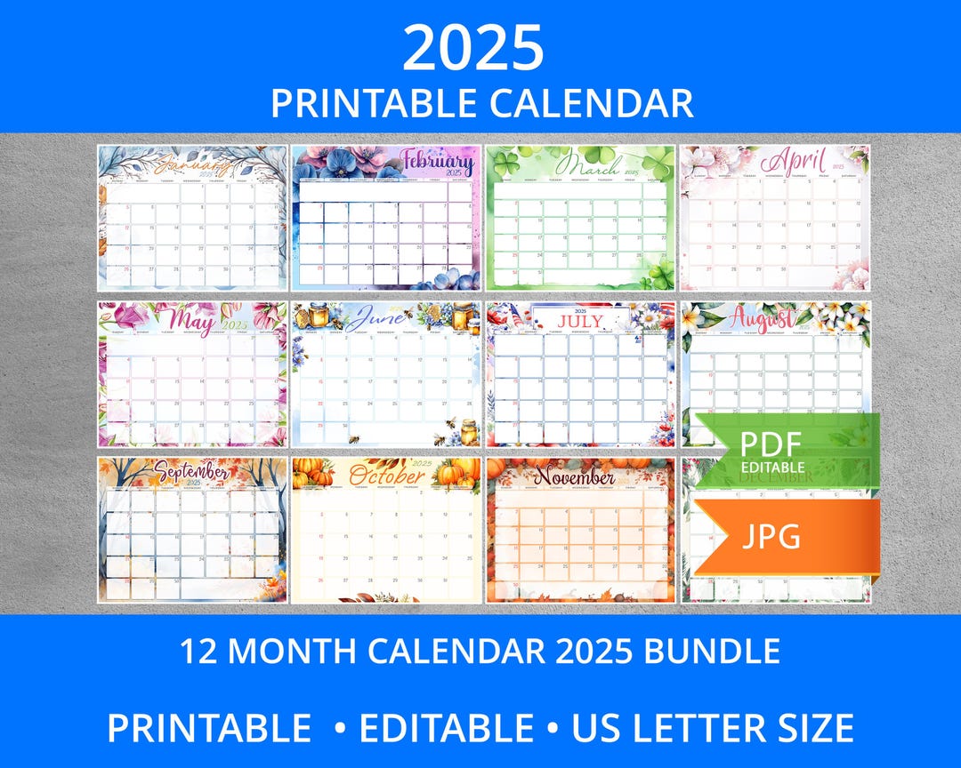 EDITABLE Monthly Calendar 2025 Bundle, Editable & Printable Monthly