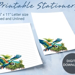 Papel rayado imprimible, papel de carta imprimible con un loro volando sobre la isla, papel para escribir cartas, bloc de notas personalizado