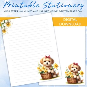 Papel de carta imprimible con un lindo cachorro y narcisos, papel de carta imprimible de primavera, plantilla de Goodnotes, incluye plantilla de sobre