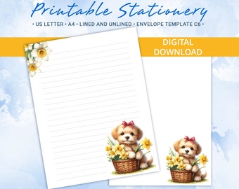 Printable Stationery paper with cute puppy and the daffodils, Spring Printable Writing Paper, Goodnotes template, Includes envelope template