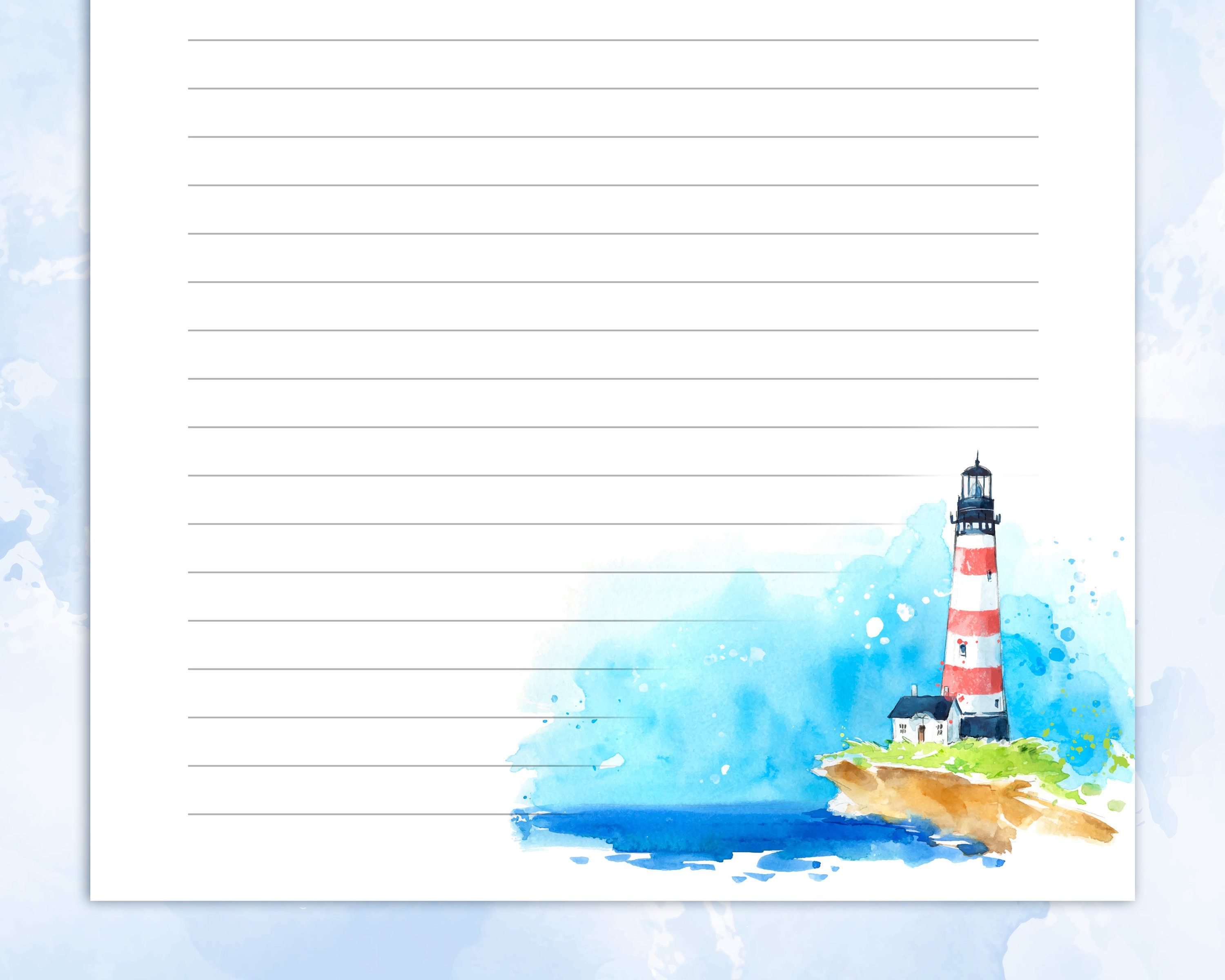Printable Stationary, Watercolor Lighthouse at the Seaside Printable ...