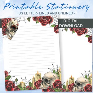 Papelería imprimible de Halloween, papel de carta imprimible con calaveras con rosas rojas en una corona dorada, velas y telarañas, plantilla de Goodnotes