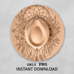 May include: A tan fedora-style hat with a decorative dreamcatcher and floral design etched into the brim. The hat features a center crease and a slightly curved brim. The text "ONLY PNG INSTANT DOWNLOAD" is printed at the bottom.
