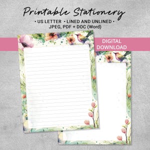 May include: Printable stationery with floral and bird illustrations. The design includes lined and unlined US Letter pages. The digital download includes JPEG, PDF, and DOC (Word) formats. The text "DIGITAL DOWNLOAD" is also visible.