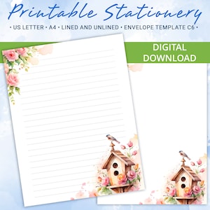 Papel de carta imprimible con pajareras y pájaros, papel de carta imprimible de primavera, plantilla de Goodnotes, incluye plantilla de sobre