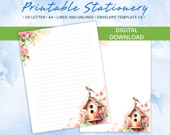 Papeterie imprimable avec nichoirs et oiseaux, papier à lettres imprimable printanier, modèle Goodnotes, modèle d'enveloppe inclus
