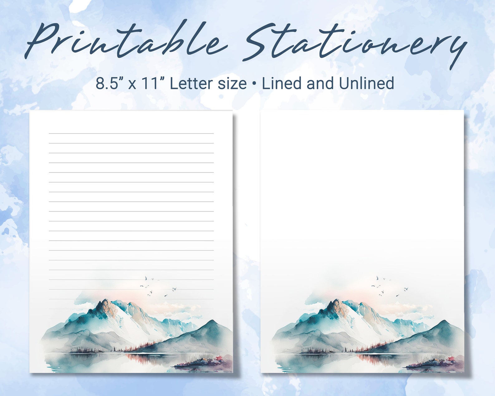 Printable Stationery Lined Paper With a Beautiful Watercolor Mountain ...