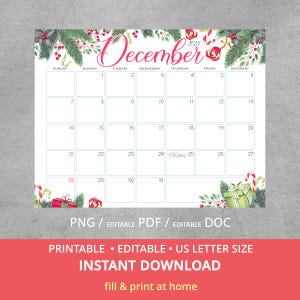 Editable December 2025 calendar, Wall calendar with christmas background, Editable Christmas Planner Page, Printable Holiday Monthly,
