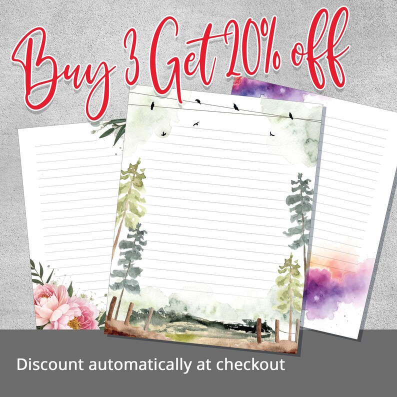 Watercolor Woodland Printable Stationery, Forest Landscape Writing ...