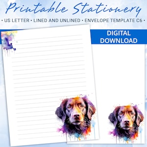 Papel rayado imprimible, papel para escribir imprimible con un perro feliz en acuarela, papel para escribir cartas, incluye plantilla de sobre C6