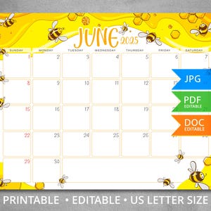 Bearbeitbarer Juni 2025 Kalender mit Bienen, Wandkalender 2025, befüllbarer Monatsplaner, druckbarer Kalender, Letter Size