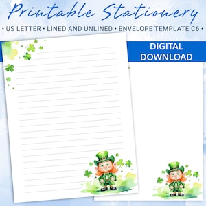 Papel de carta imprimible con el Día de San Patricio, papel para escribir imprimible, plantilla de Goodnotes, incluye plantilla de sobre