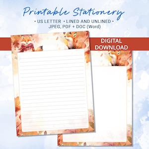 May include: Printable stationery featuring a watercolor design with foxes and autumn leaves. The stationery includes lined and unlined US Letter pages. The text on the image says "Printable Stationery" and "Digital Download".