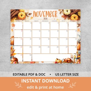 Thanksgiving Editable November Calendar 2026, Printable Fall Planner